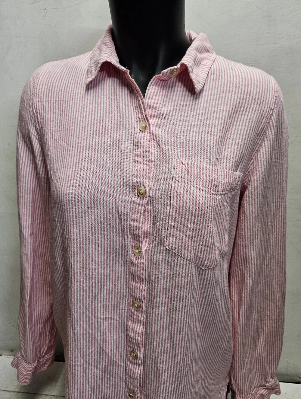 Be Cool pink/white Stripe Small Long Sleeve Casual Top Shirt Rayon Linen